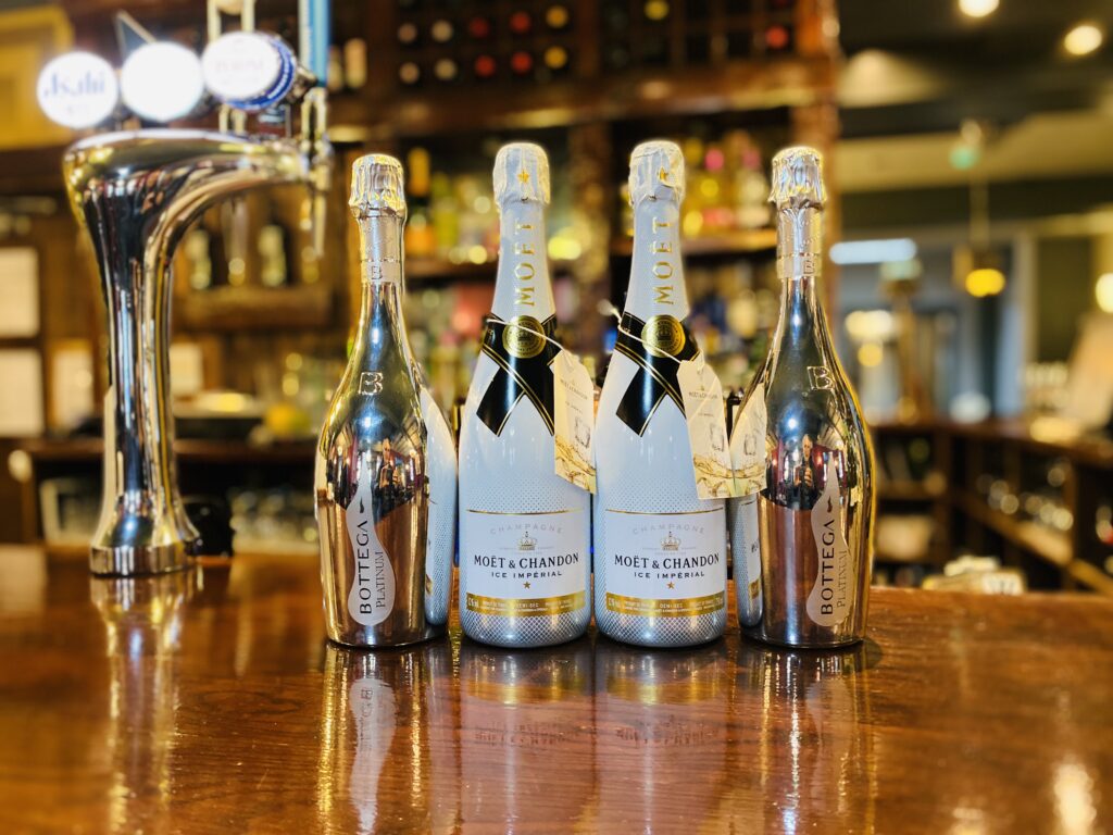 The Mayflower at Austerfield, Moet and Chandon bottega platinum champagne bottles